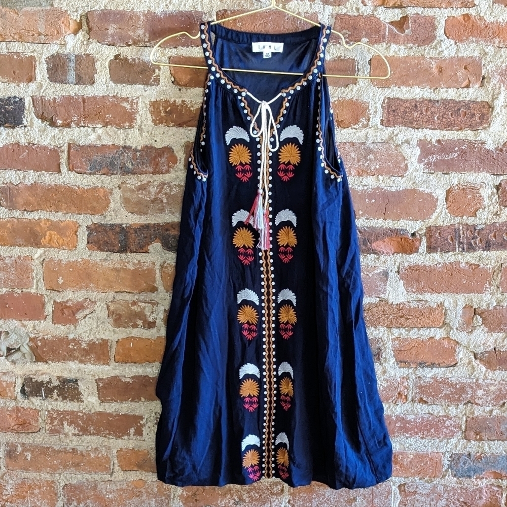 THML XS Navy Blue Halter Embroidered Dress‎ w/ Lining